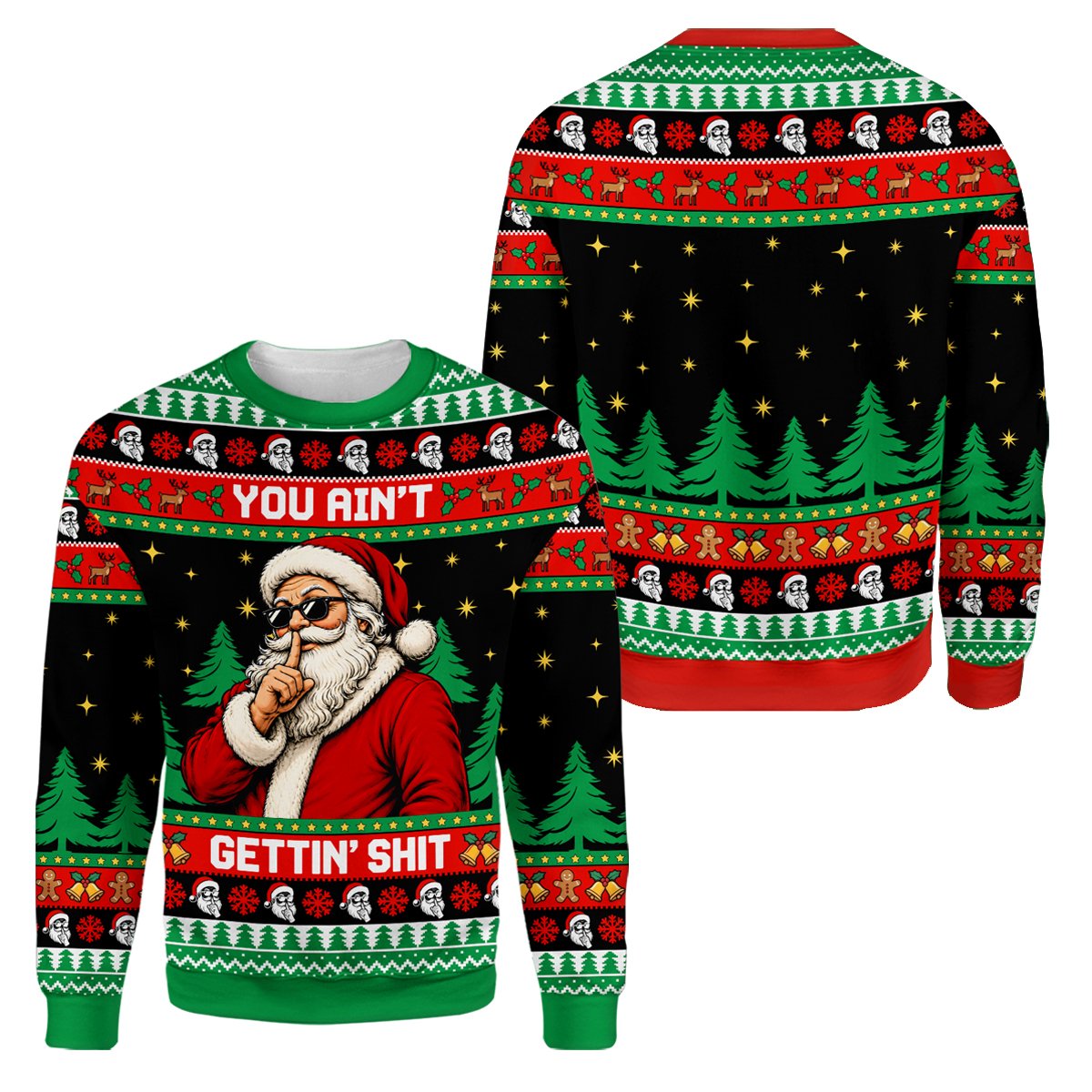 Detailed front view showing the reindeer and snowflake patterns on the holiday sweater