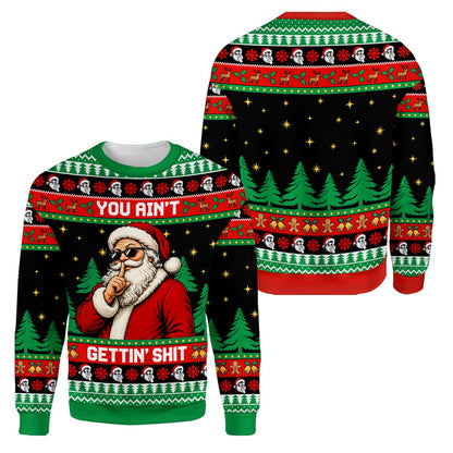 Detailed front view showing the reindeer and snowflake patterns on the holiday sweater