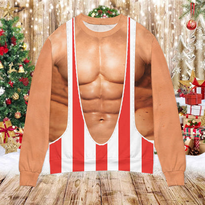 Front view of the funny christmas sweater featuring a chubby torso design