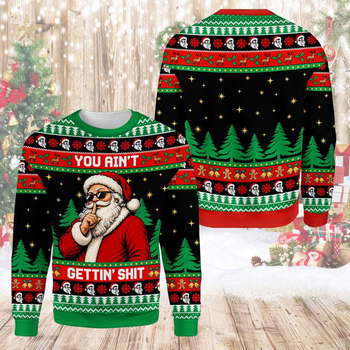 Another front view highlighting the all-over print of the funny christmas sweater