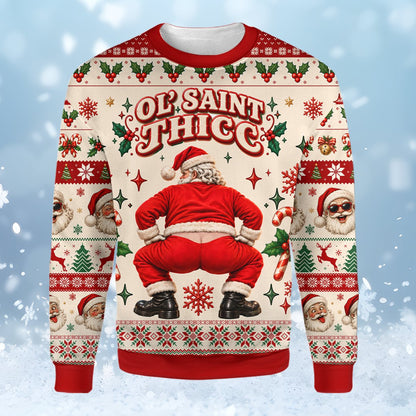 Humorous red ugly christmas sweater with Ol' Saint Thicc Santa design, front view