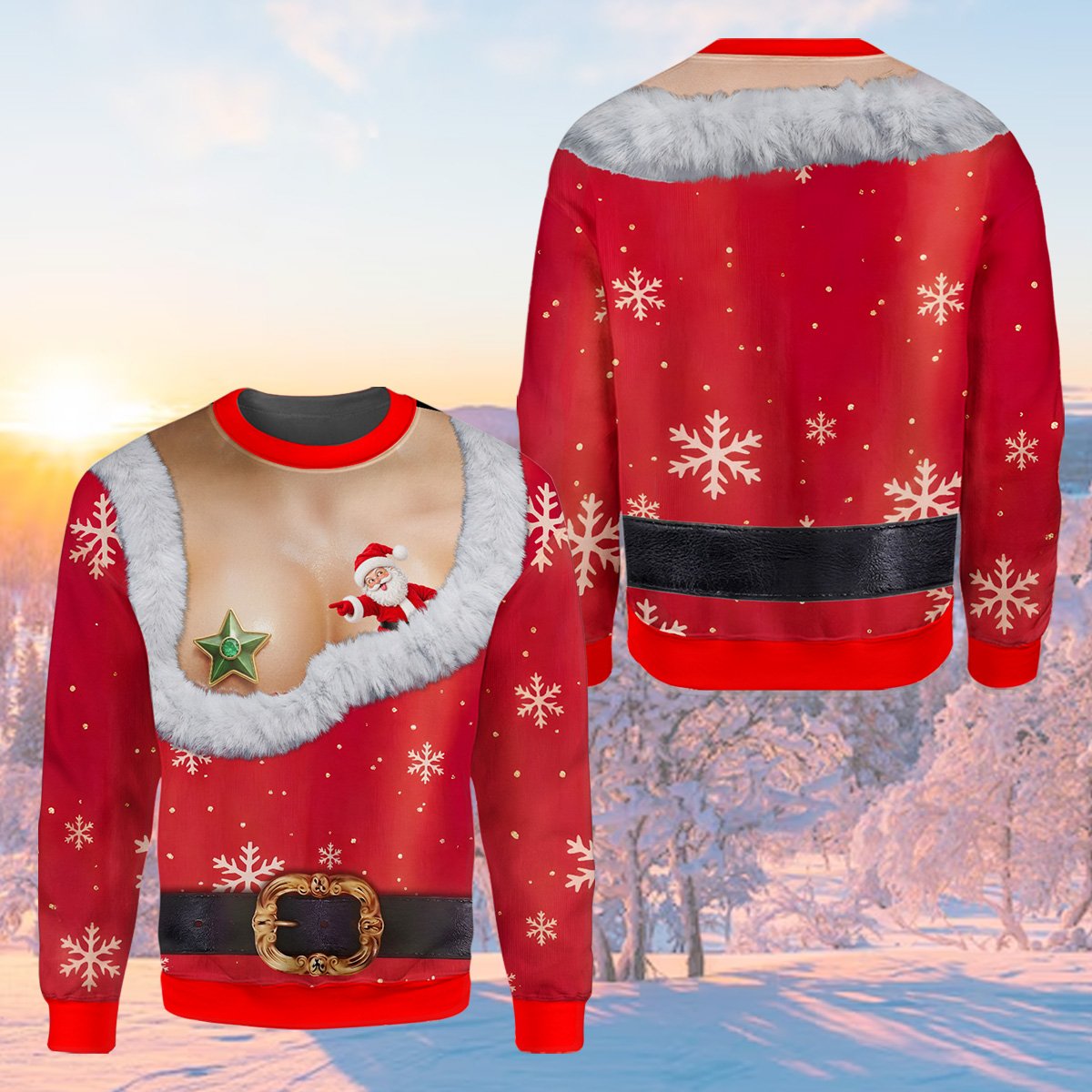 Front view of the funny christmas ugly sweater on a model