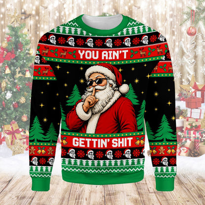 Front view of the funny ugly sweater christmas featuring bold text and holiday motifs