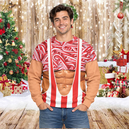 Lifestyle view of a person wearing the men's funny ugly christmas sweater outdoors