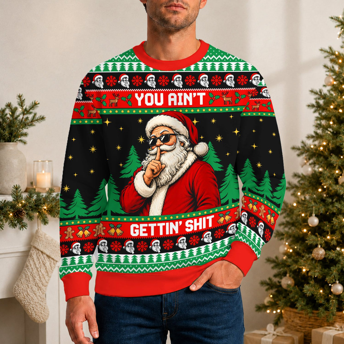 Second lifestyle view showing the holiday ugly sweater in a festive setting