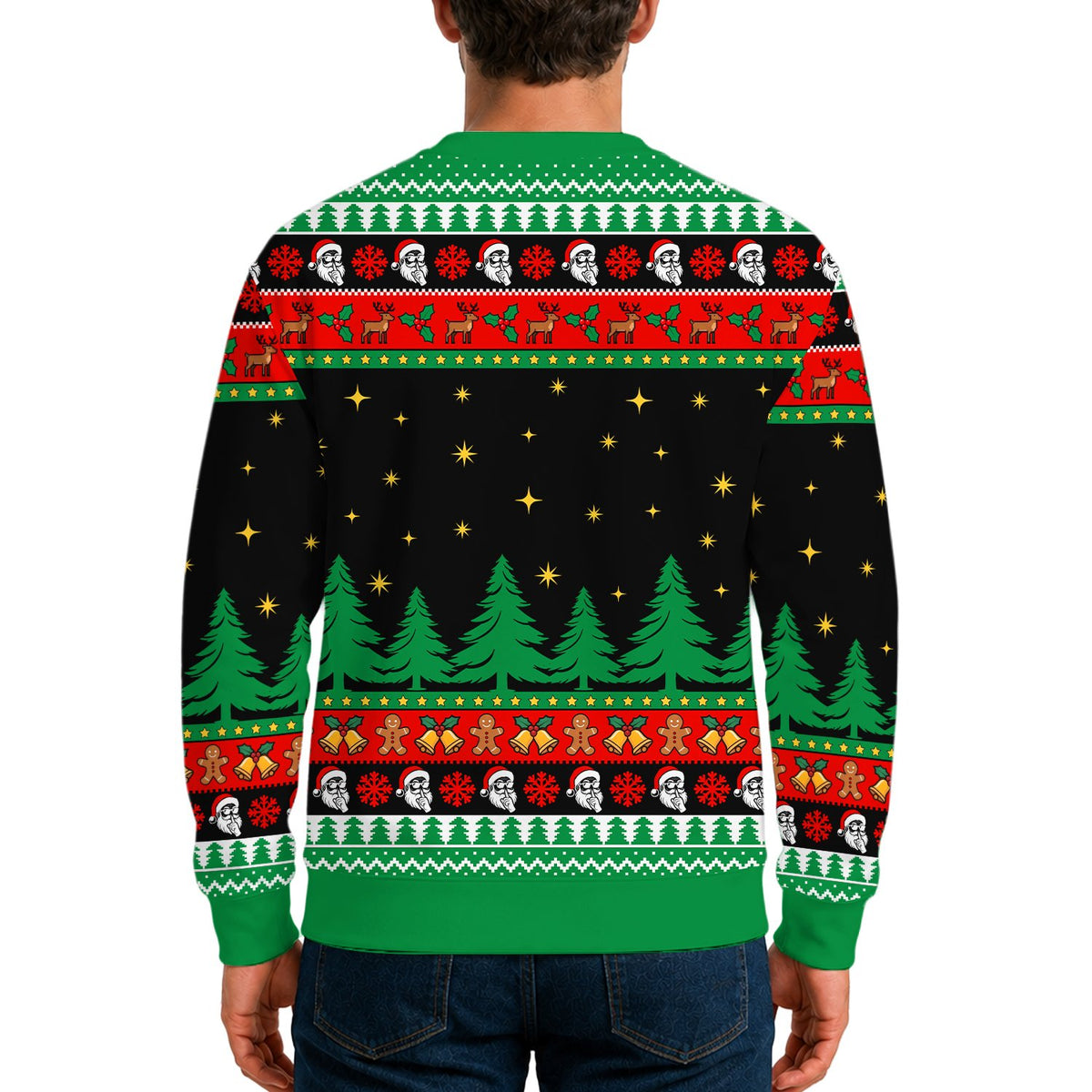 Third lifestyle view of the funny santa sweater worn during a holiday event