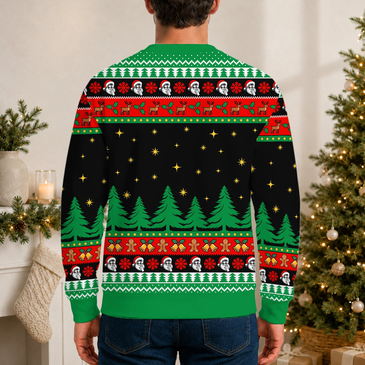 Fourth lifestyle view featuring the adult ugly christmas sweater in a comfortable fit