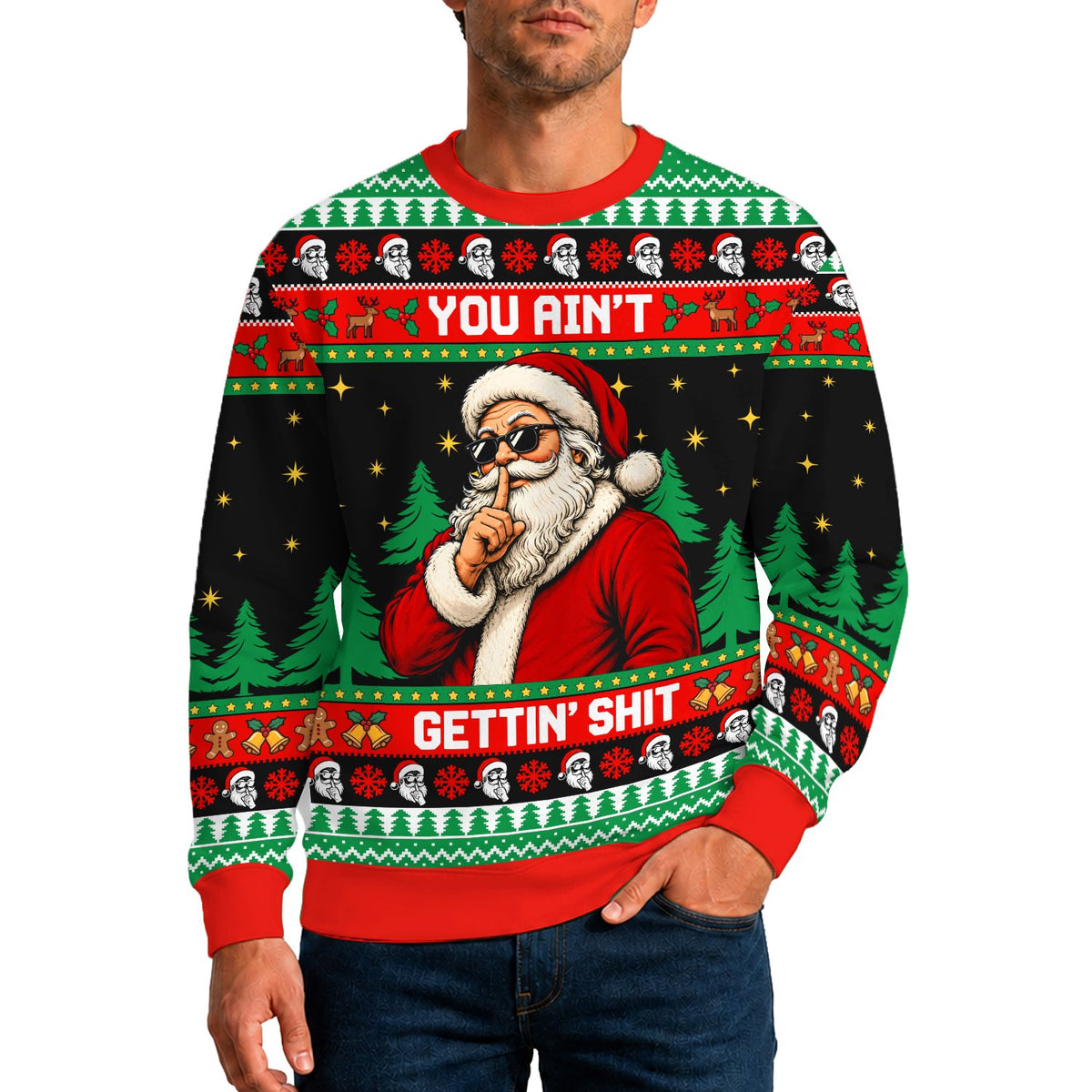 Lifestyle view of someone wearing the funny ugly christmas sweater