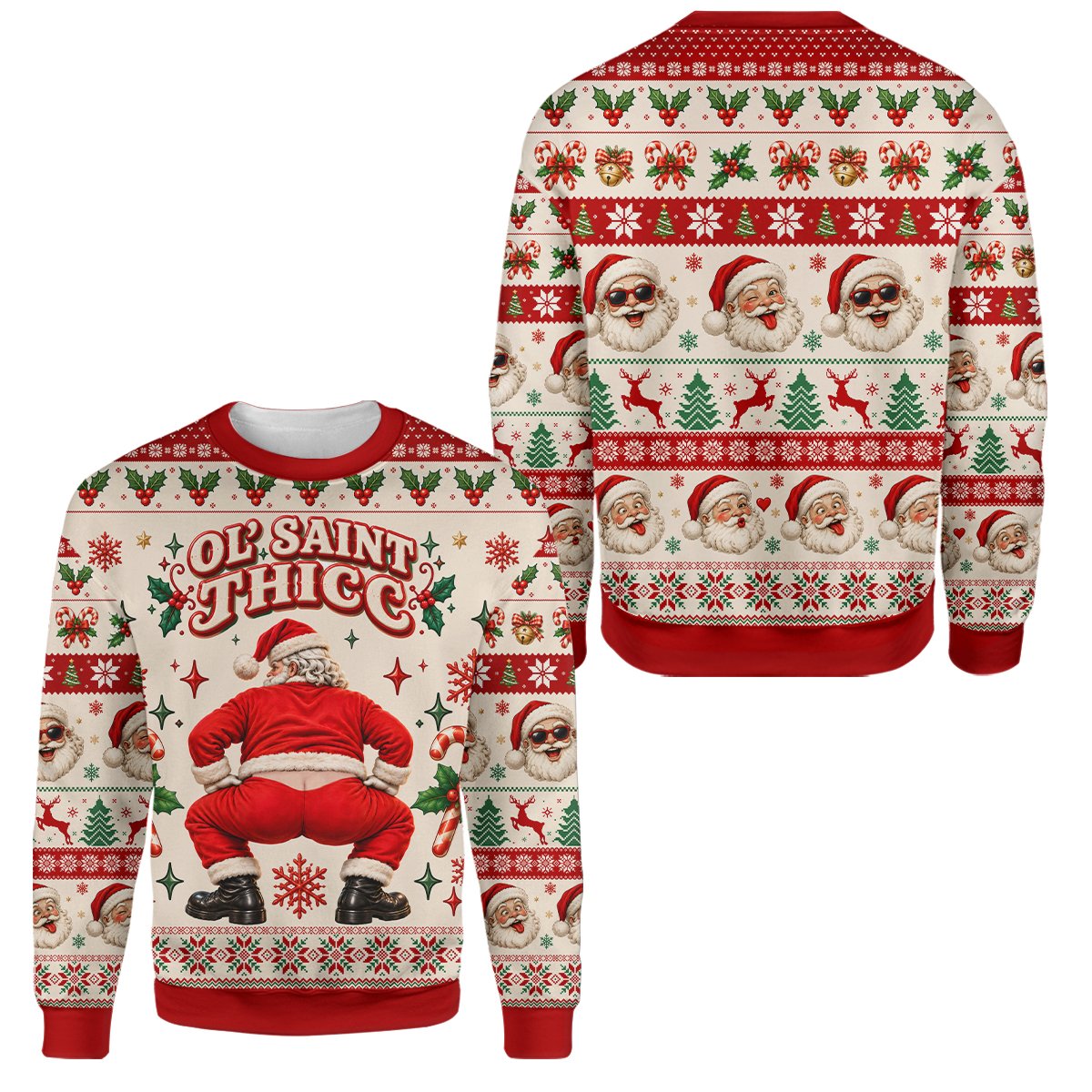 Final back view of the Ol' Saint Thicc holiday sweater
