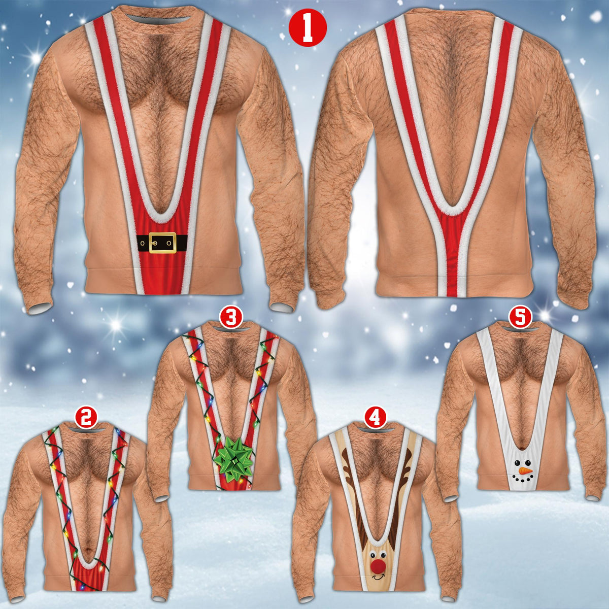 Front view of funny ugly christmas sweater with reindeer face mankini design
