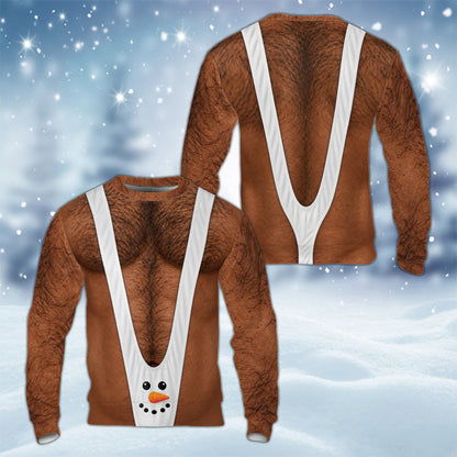 Front view of novelty ugly sweater showing snowman face mankini variation
