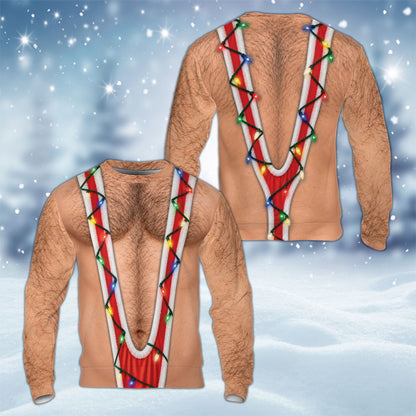 Front view of beige funny ugly sweater with Santa belt mankini style