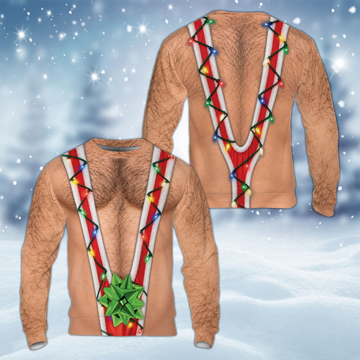 Front view of funny novelty ugly sweater featuring Christmas lights mankini