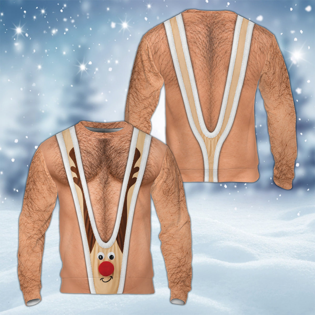 Alternative front view of the hairy chest reindeer mankini ugly sweater