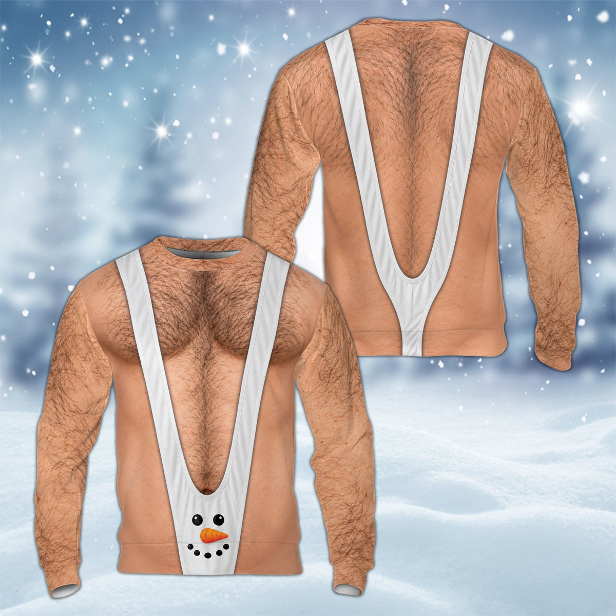 Alternative front view of the hairy chest snowman mankini ugly sweater