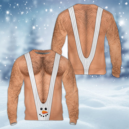 Alternative front view of the hairy chest snowman mankini ugly sweater