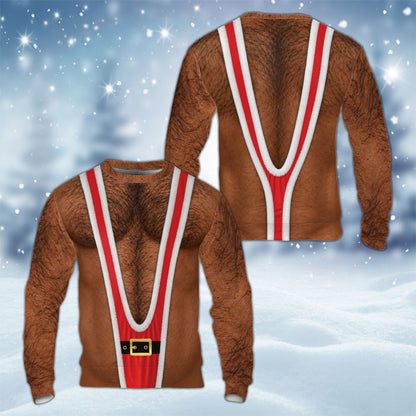 Alternative front view of the hairy chest Santa belt mankini ugly sweater