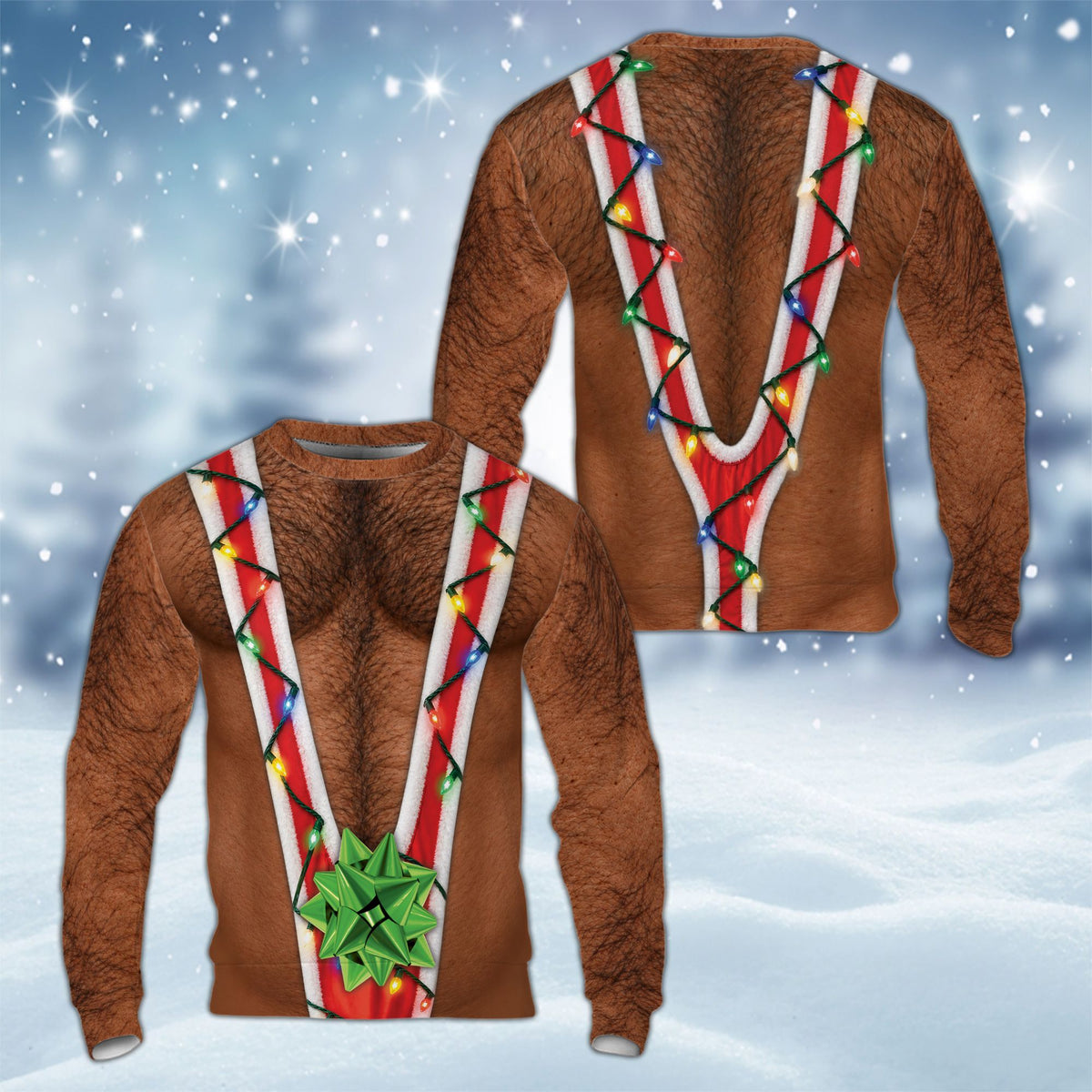 Alternative front view of the hairy chest Christmas lights mankini ugly sweater