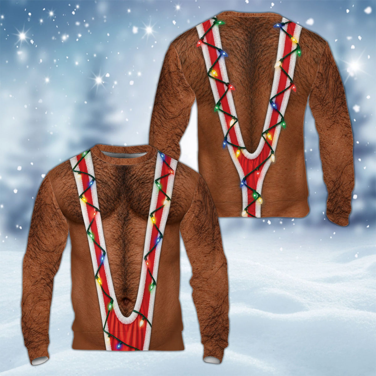 Close-up front view of the realistic hairy chest and mankini holiday sweater