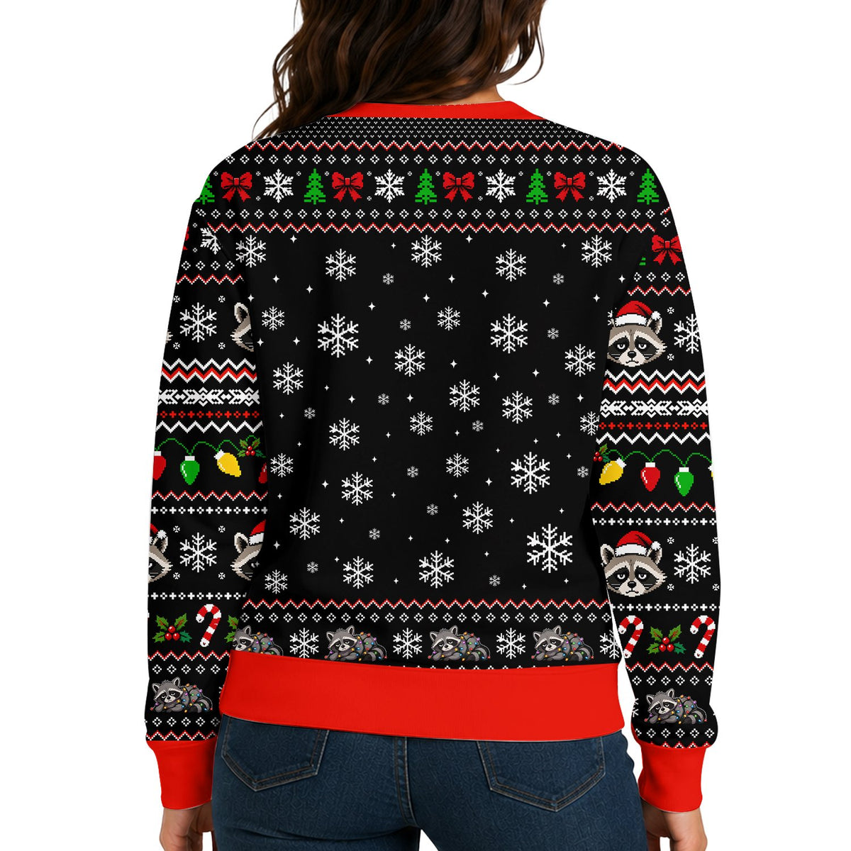 Detailed back view of the funny ugly christmas sweater