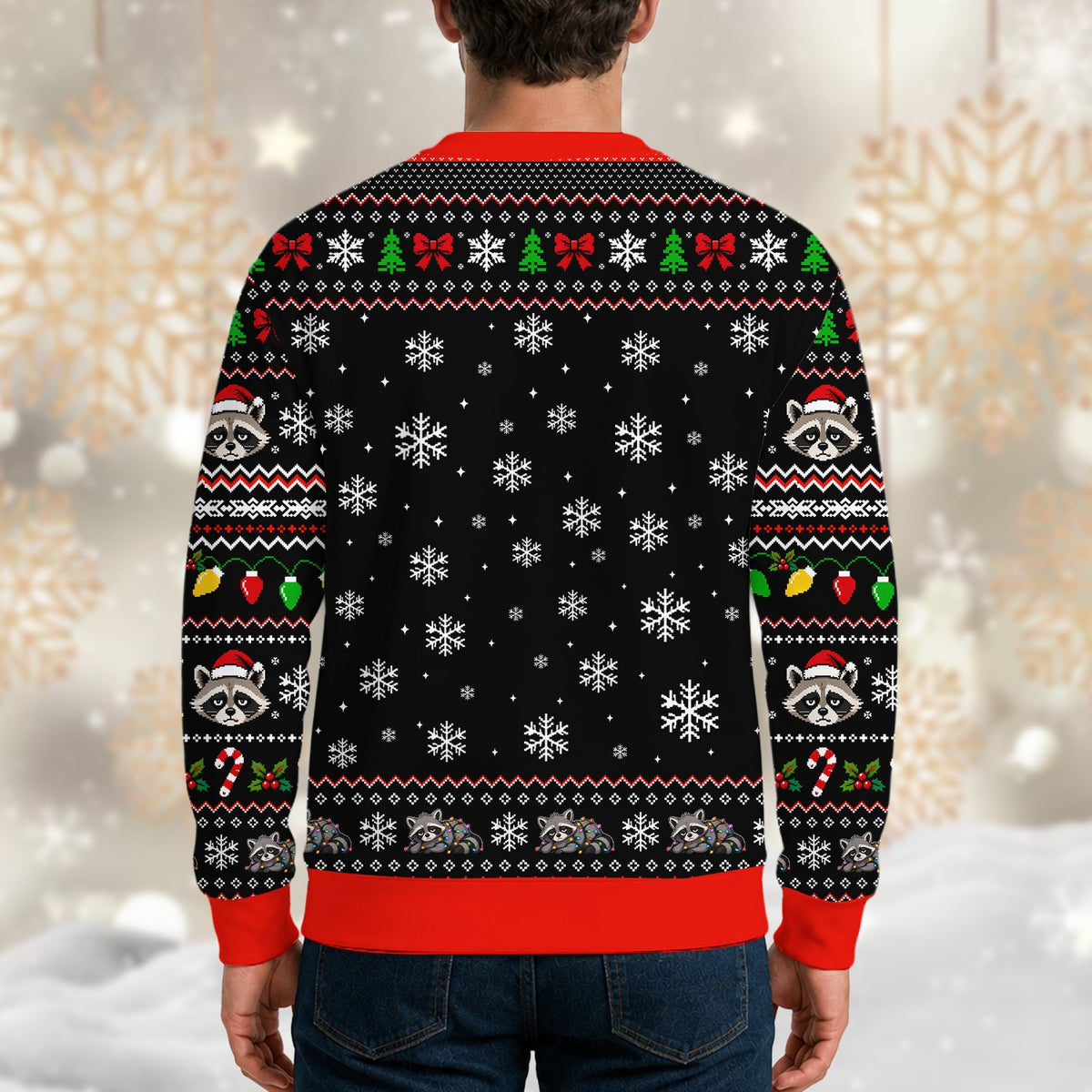 Alternative back view of the holiday raccoon ugly sweater