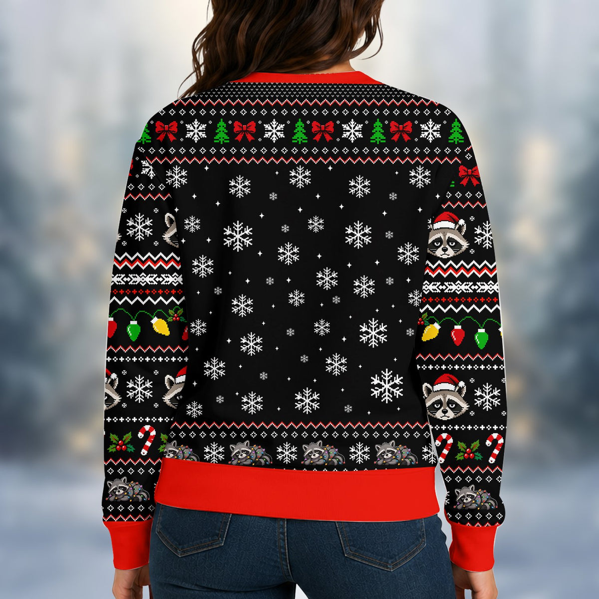 Back view of the funny christmas raccoon ugly sweater in black