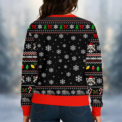 Back view of the funny christmas raccoon ugly sweater in black