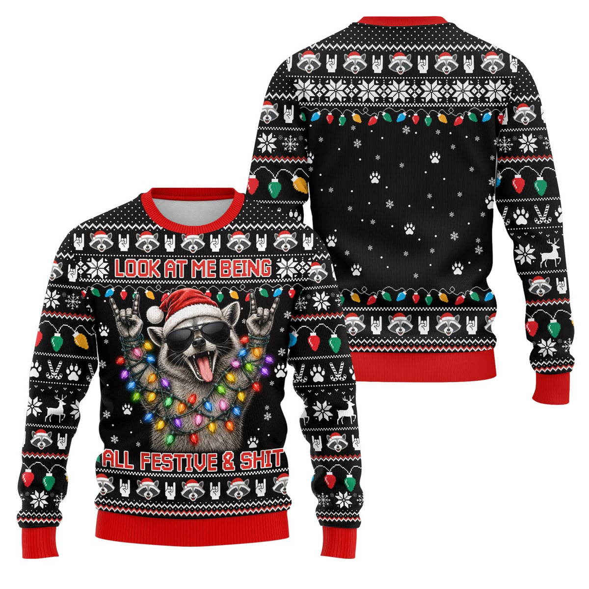 Another front view of the festive raccoon holiday ugly sweater
