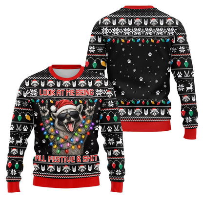 Another front view of the festive raccoon holiday ugly sweater