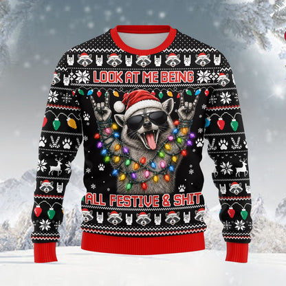 Main view of the funny ugly sweater christmas design featuring a raccoon and festive quote on a black background