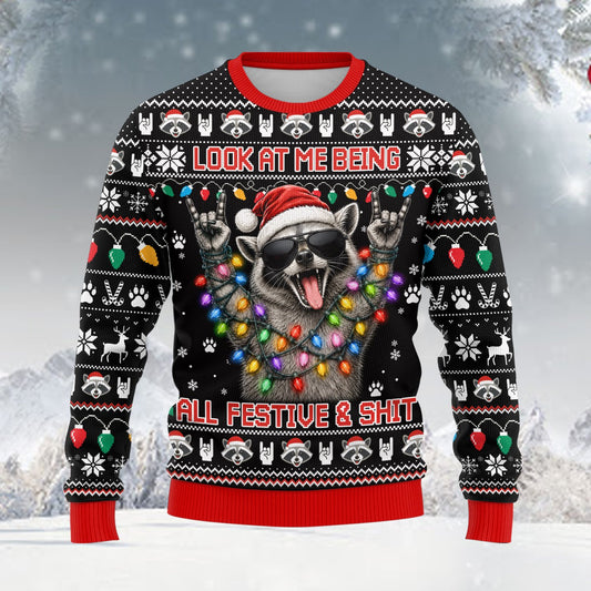 Main view of the funny ugly sweater christmas design featuring a raccoon and festive quote on a black background