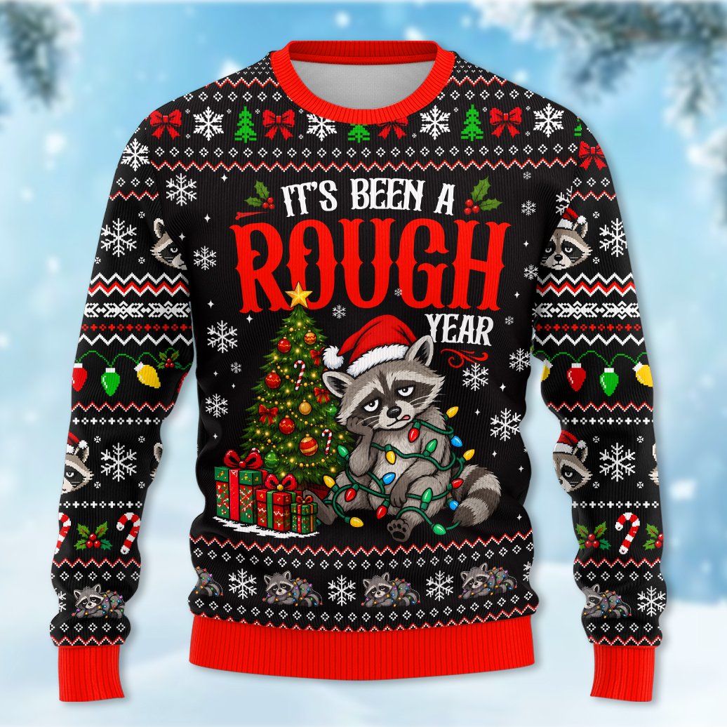 Funny ugly sweater featuring a grumpy raccoon and It's Been A Rough Year text, front view