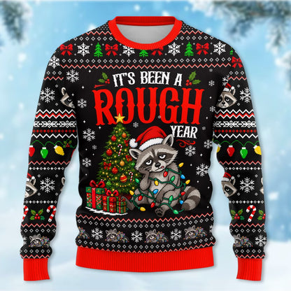 Funny ugly sweater featuring a grumpy raccoon and It's Been A Rough Year text, front view