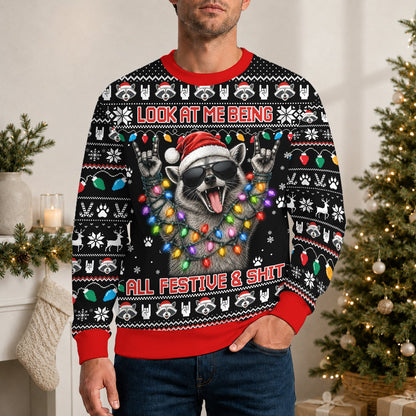 Second lifestyle view of the funny ugly christmas sweater in a casual setting