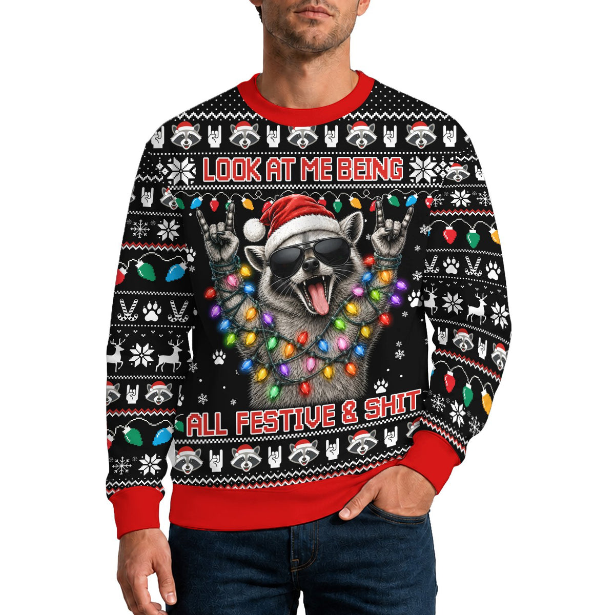 Lifestyle view of a person wearing the funny christmas raccoon ugly sweater