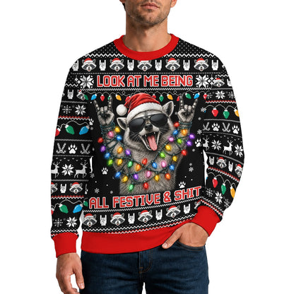Lifestyle view of a person wearing the funny christmas raccoon ugly sweater
