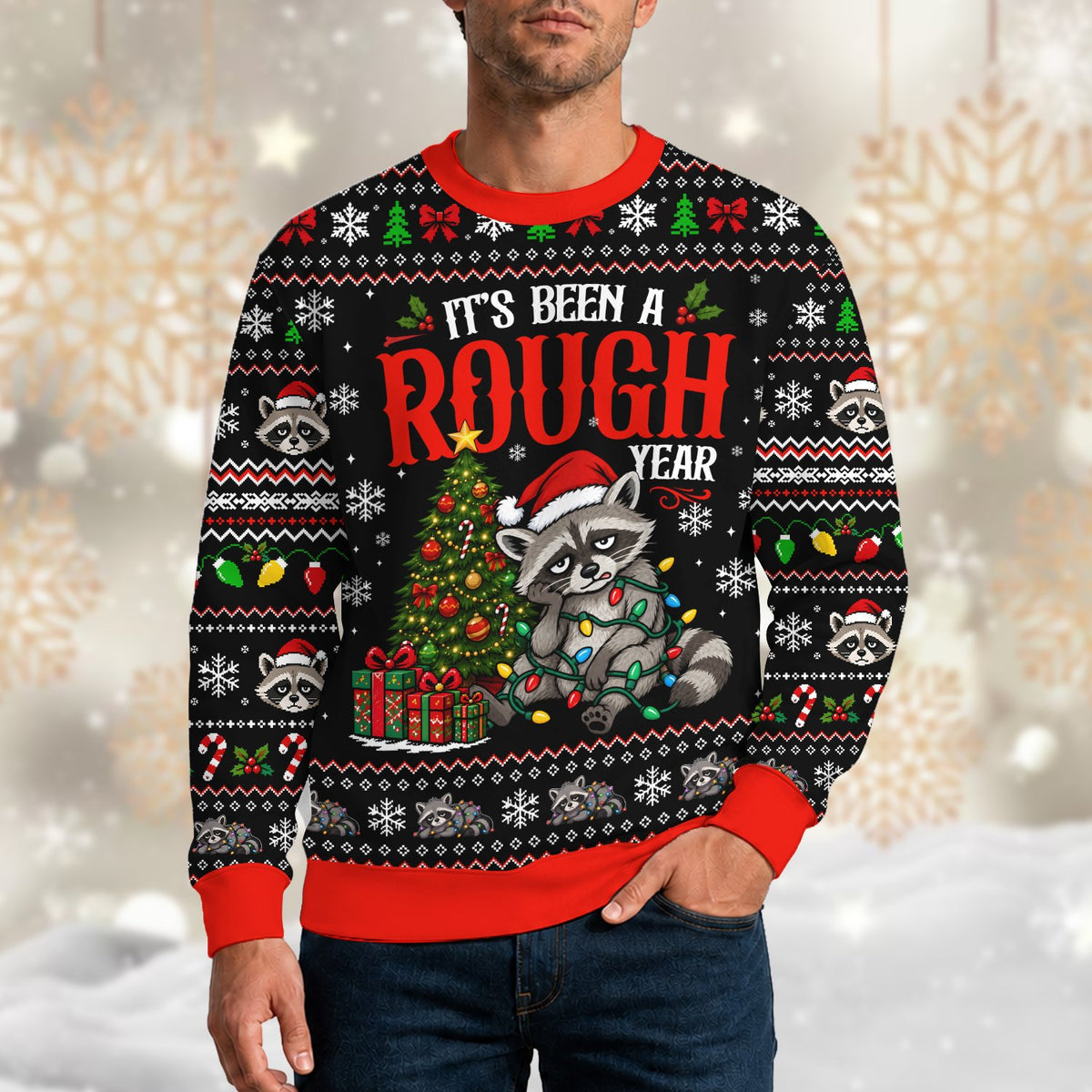 Lifestyle view of someone wearing the funny christmas raccoon ugly sweater