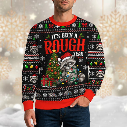 Lifestyle view of someone wearing the funny christmas raccoon ugly sweater