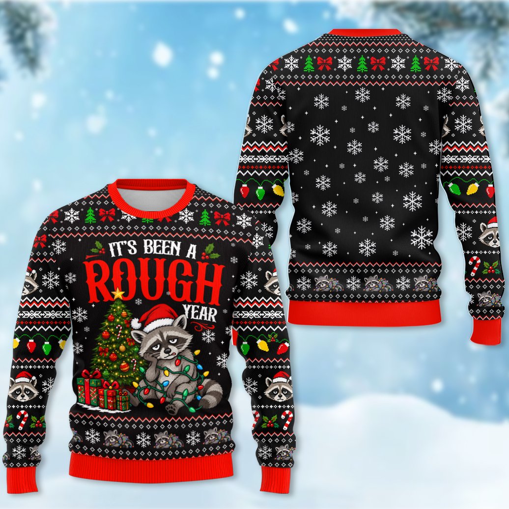 Close up detail of the funny ugly sweater raccoon design