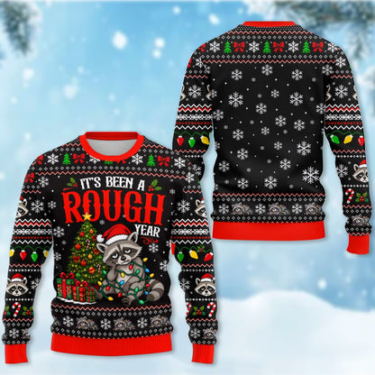 Close up detail of the funny ugly sweater raccoon design