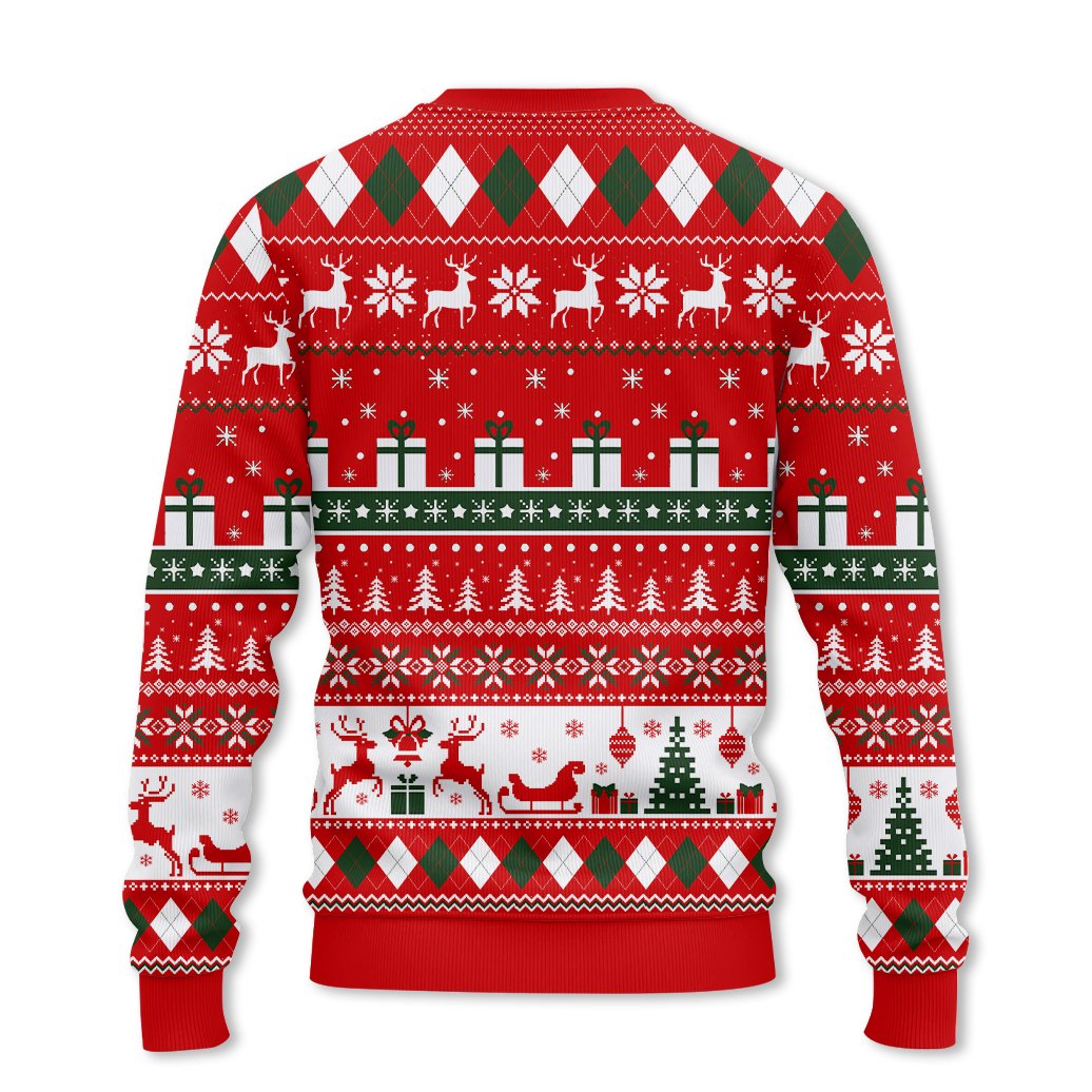 Alternate back view of the red holiday ugly sweater