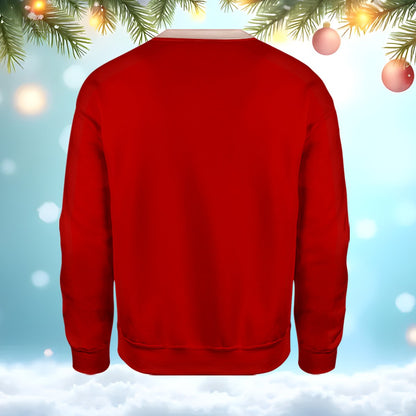 Close up back view of red funny ugly christmas sweater