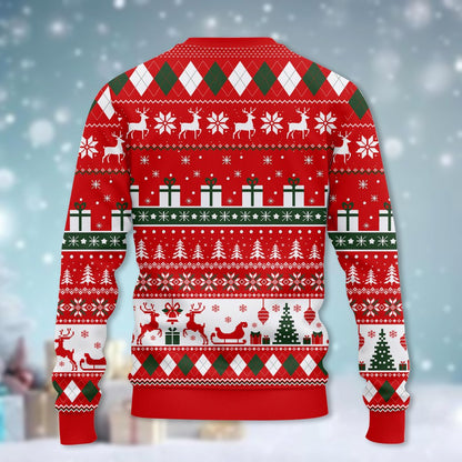 Detailed back view of the funny ugly sweater