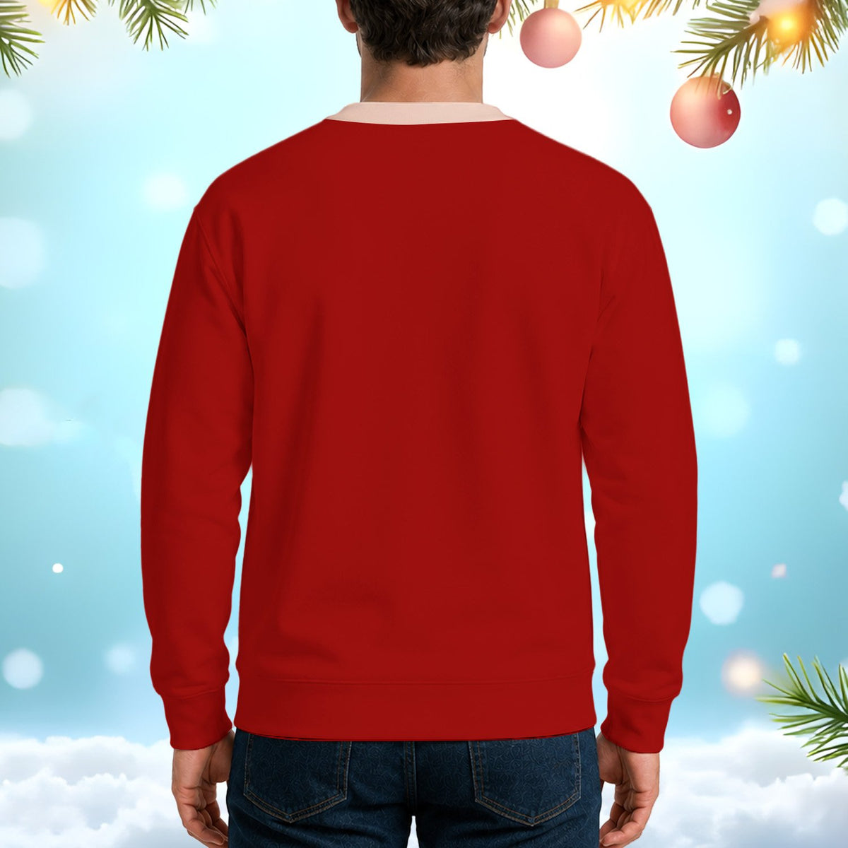 Back view of red funny ugly christmas sweater