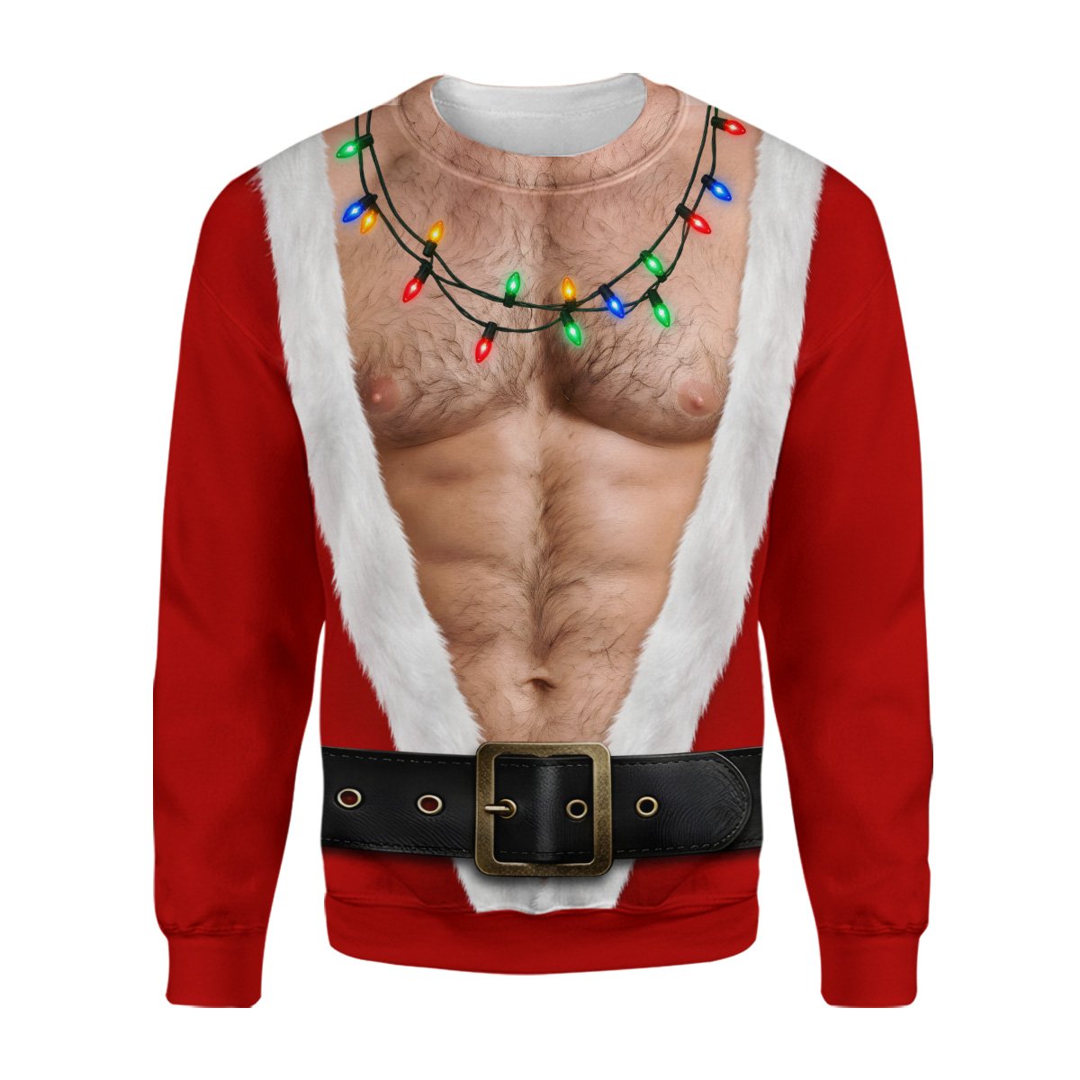 Close up front view of funny ugly christmas sweater with hairy chest design