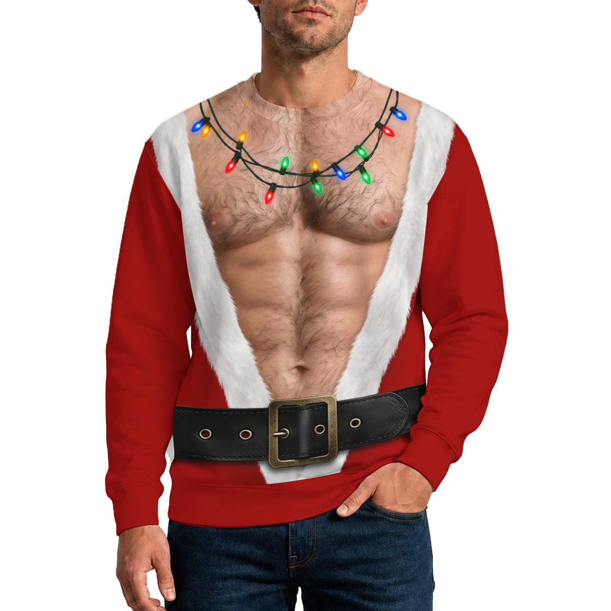 Detailed front view of funny ugly christmas sweater with hairy chest design
