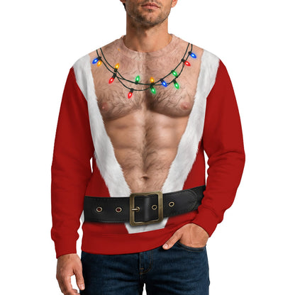 Detailed front view of funny ugly christmas sweater with hairy chest design