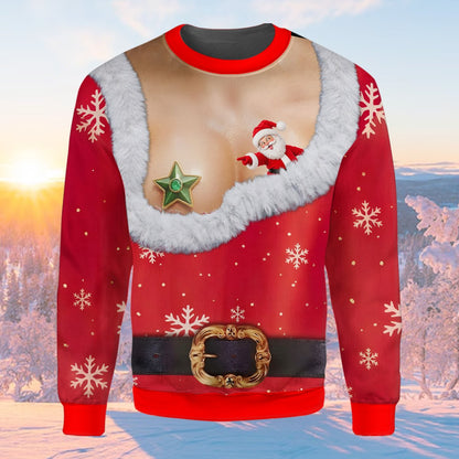 Third front view of the hilarious torn Santa suit sweater