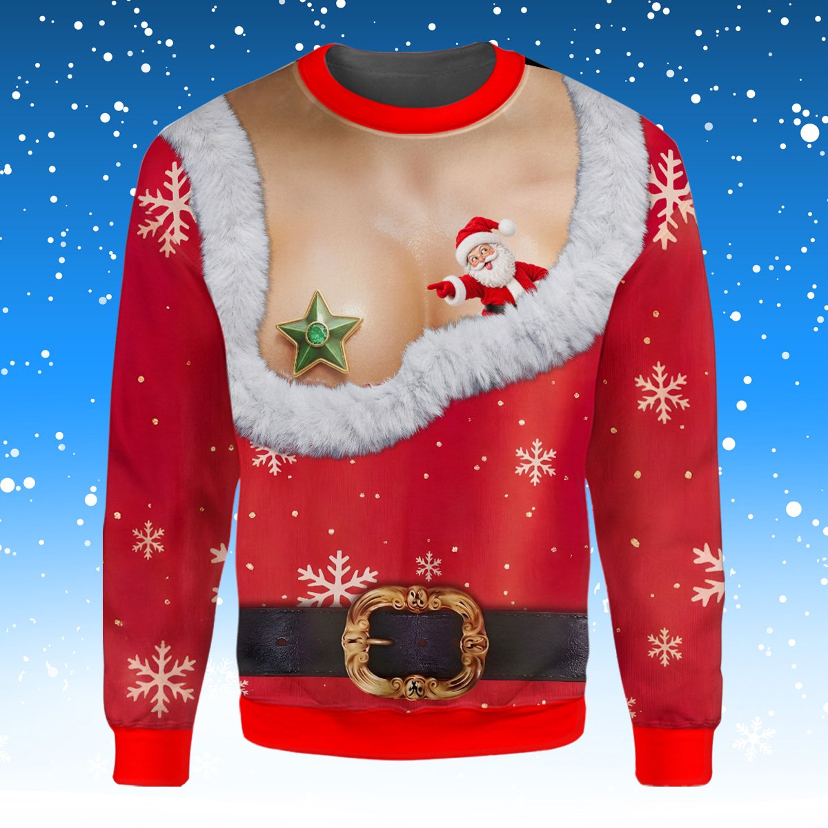 Eighth front view showing the festive snowflake background