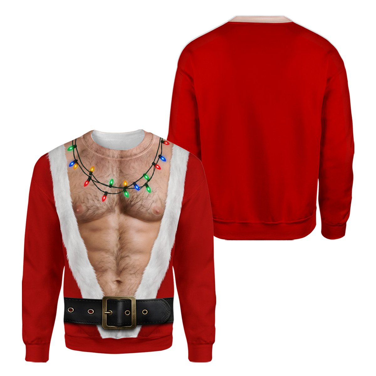 Front view of funny ugly christmas sweater with hairy chest design